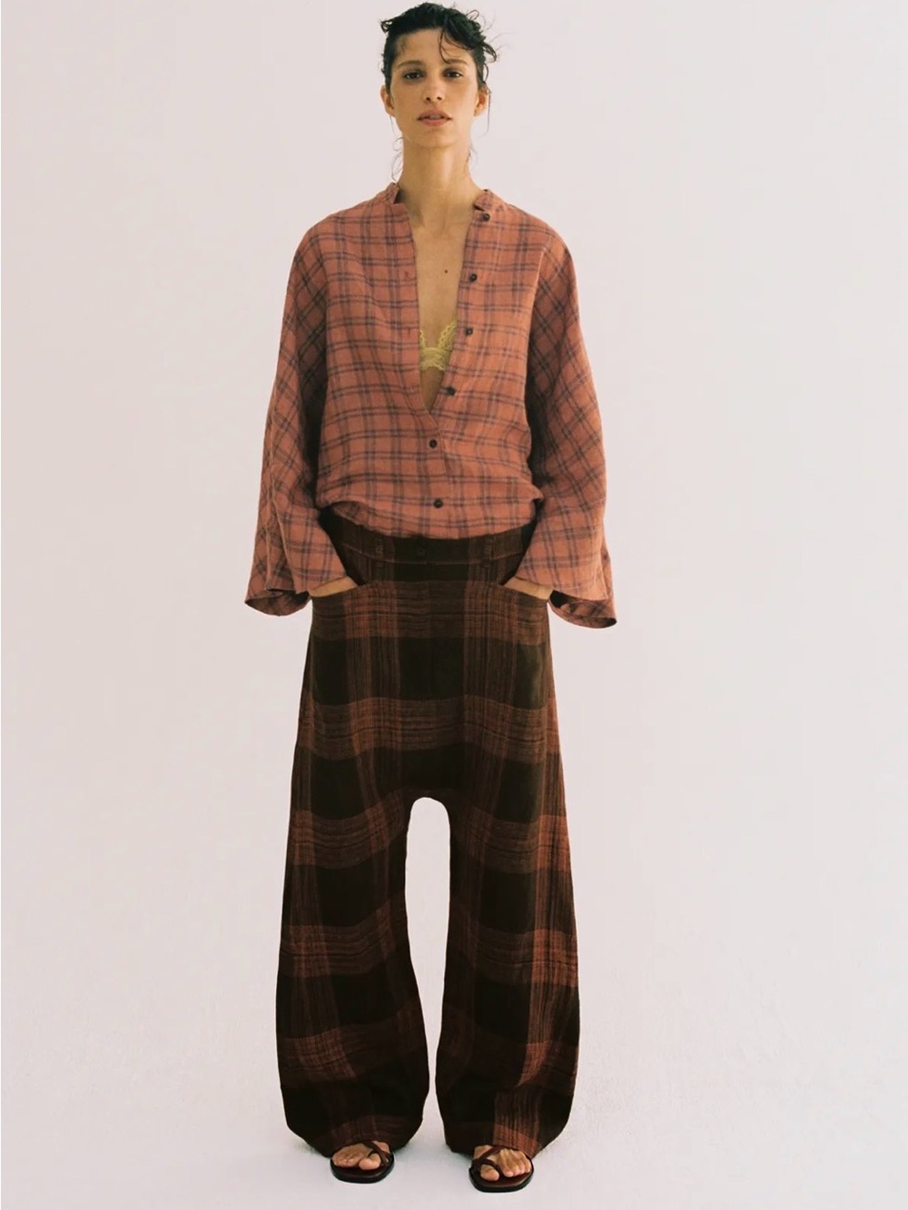 Zara Collection Linen Plaid Pants in Rust and Brown